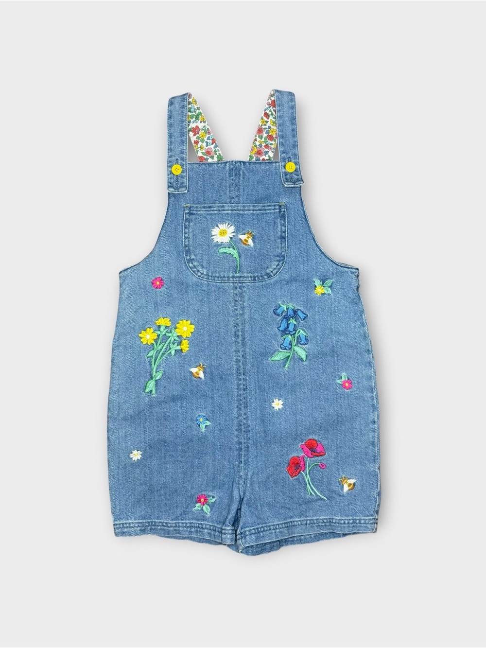 Mini Boden Bee Floral Applique Medium Wash Denim Shortalls